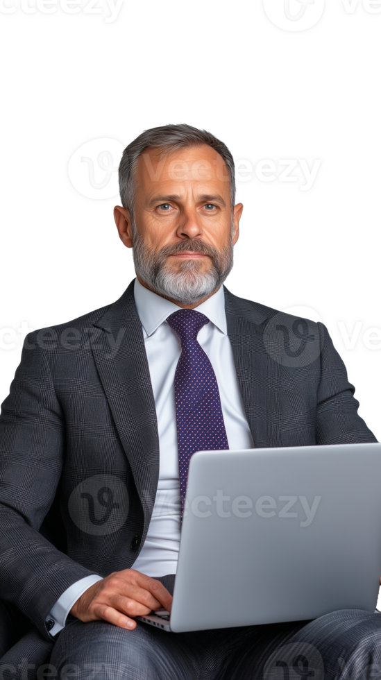 Mature businessman with laptop isolated on transparent background png