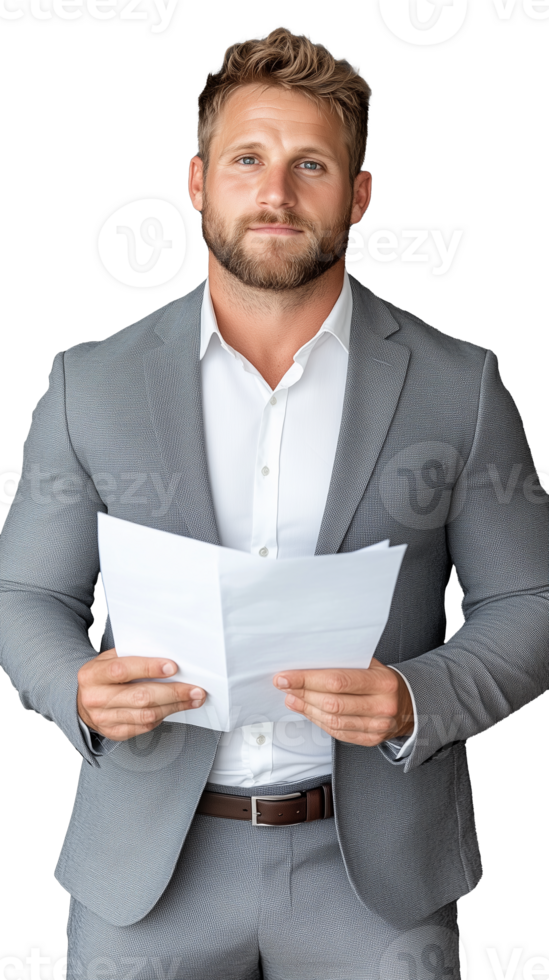 Man holding documents in gray suit isolated on transparent background png