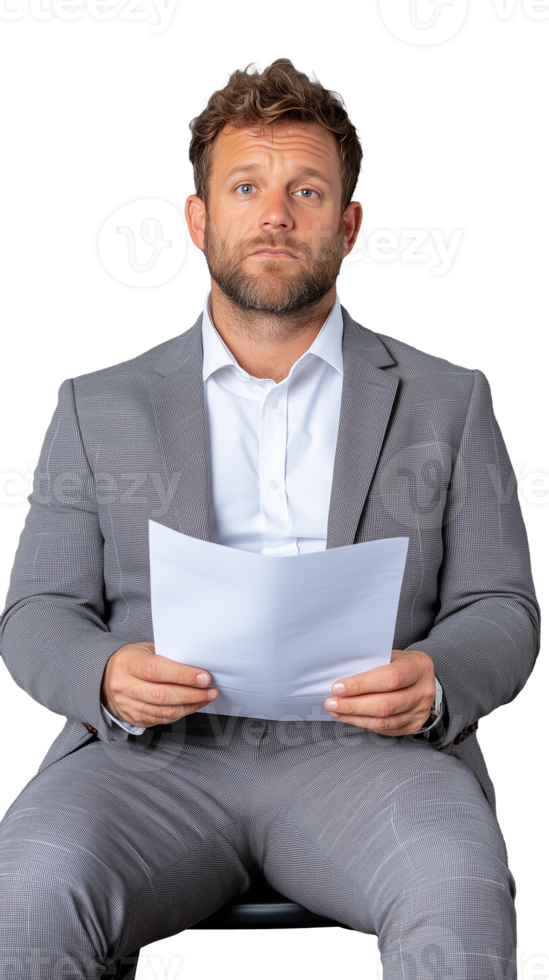 Man in gray suit reading papers isolated on transparent background png