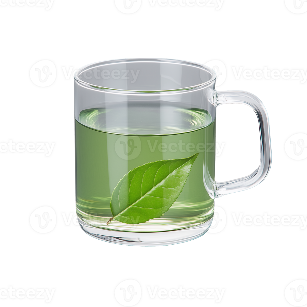 Cup of green tea with fresh leaves isolated on transparent background png