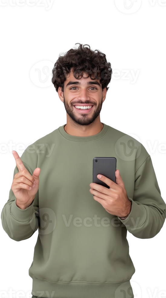 Smiling man pointing with phone in hand isolated on transparent background png