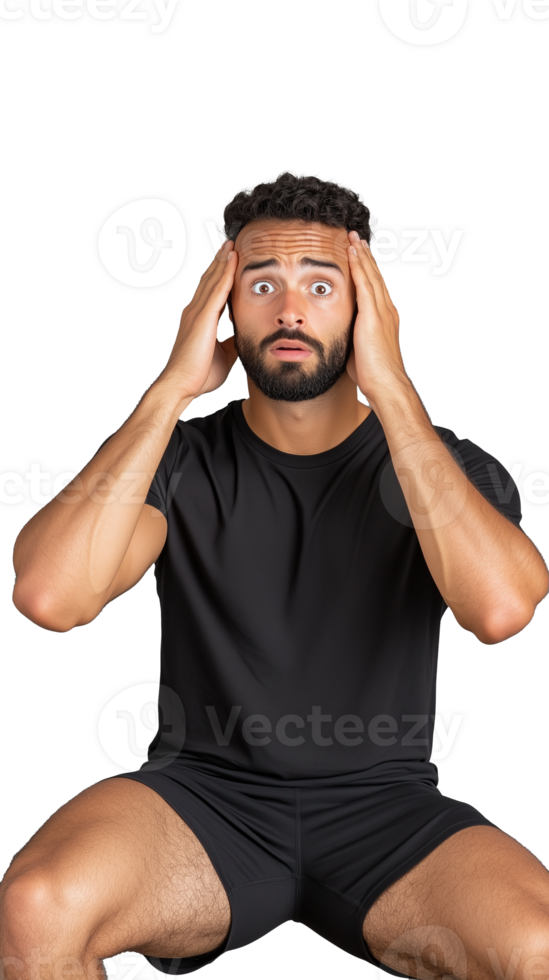 Man with surprised expression holding head isolated on transparent background png