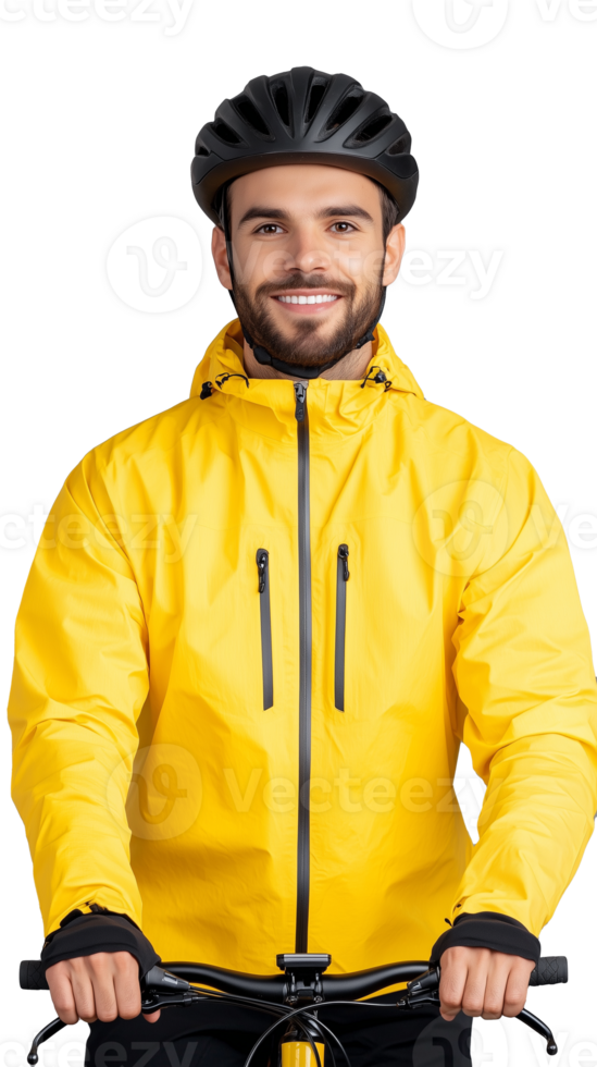 Man in yellow cycling jacket holding handlebars isolated on transparent background png