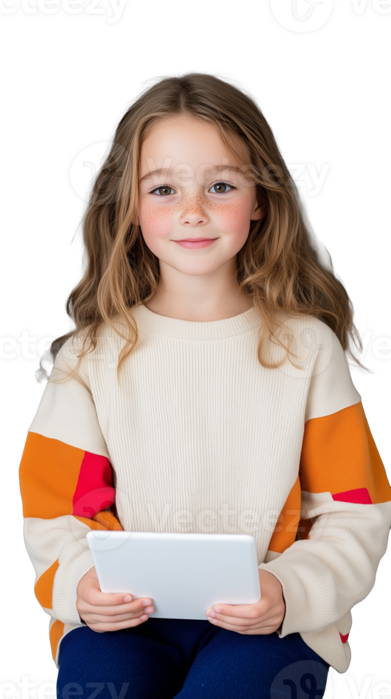 Smiling young girl holding paper isolated on transparent background png