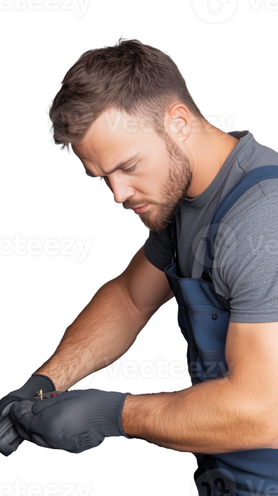Focused man repairing bike isolated on transparent background png