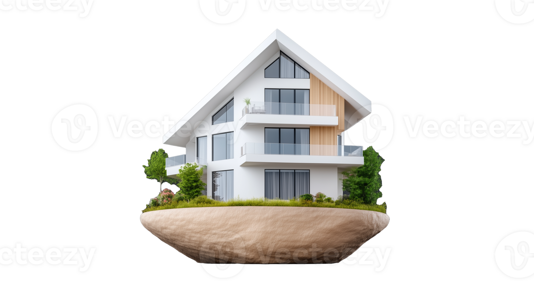 Modern white house model with green landscape isolated on transparent background png