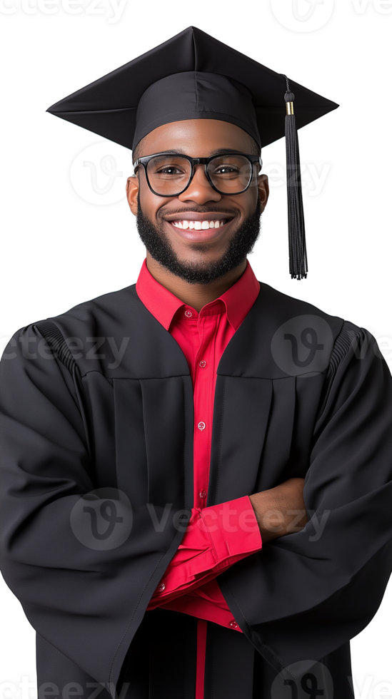 Smiling graduate in cap and gown isolated on transparent background png