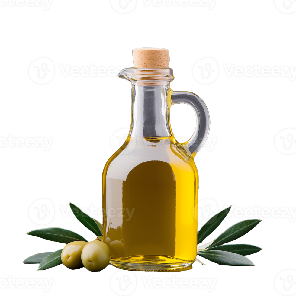 Bottle of olive oil with olives and leaves isolated on transparent background png