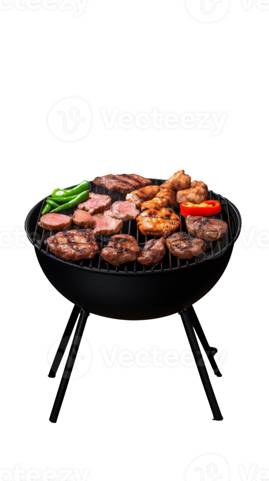Red barbecue grill with meat skewers isolated on transparent background png
