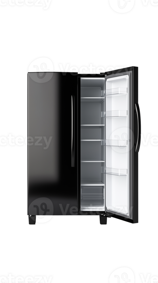 Empty black refrigerator with open door isolated on transparent background png
