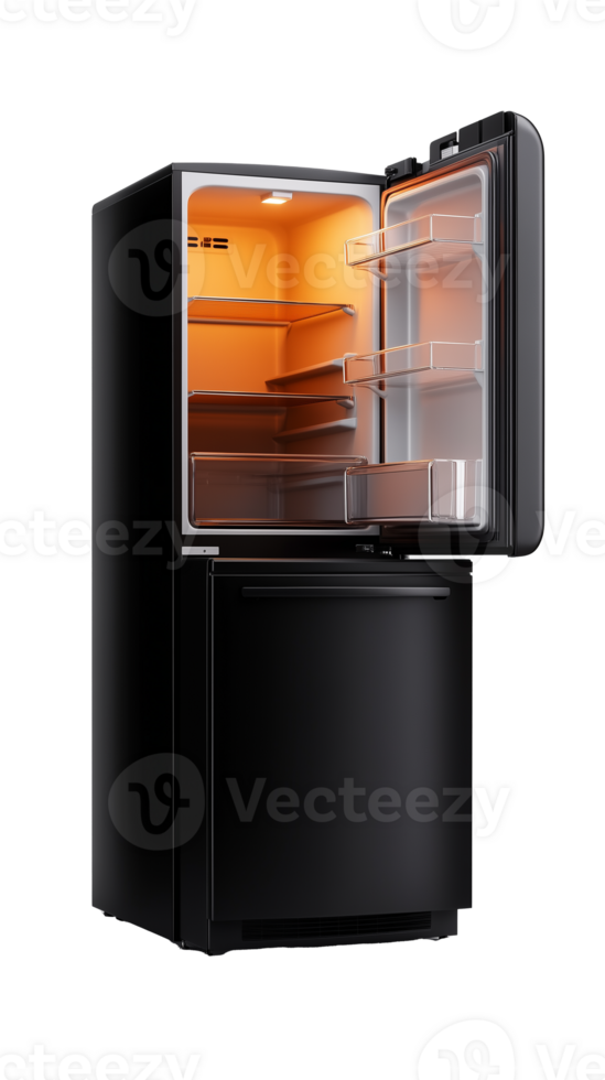 Black refrigerator with open door isolated on transparent background png