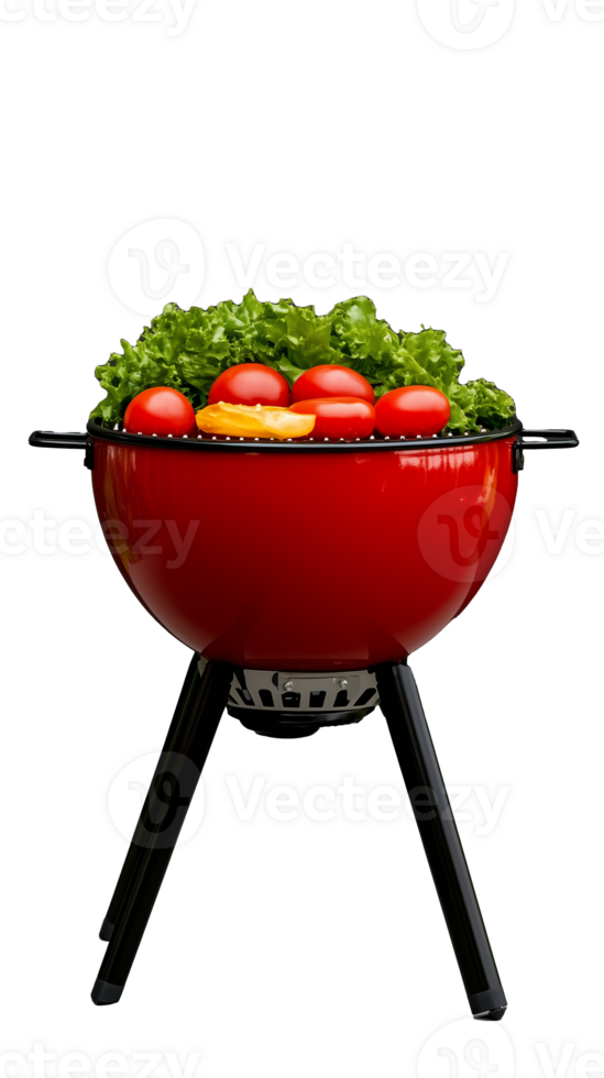 Red barbecue grill with vegetables isolated on transparent background png