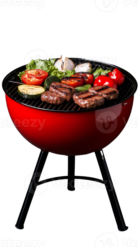 Red barbecue grill with skewered vegetables isolated on transparent background png