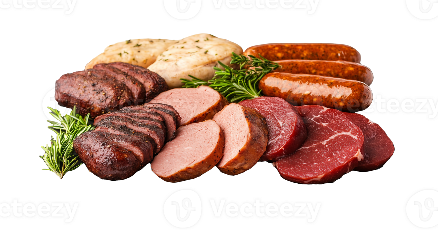Assorted cold cuts and sausages with herbs isolated on transparent background png