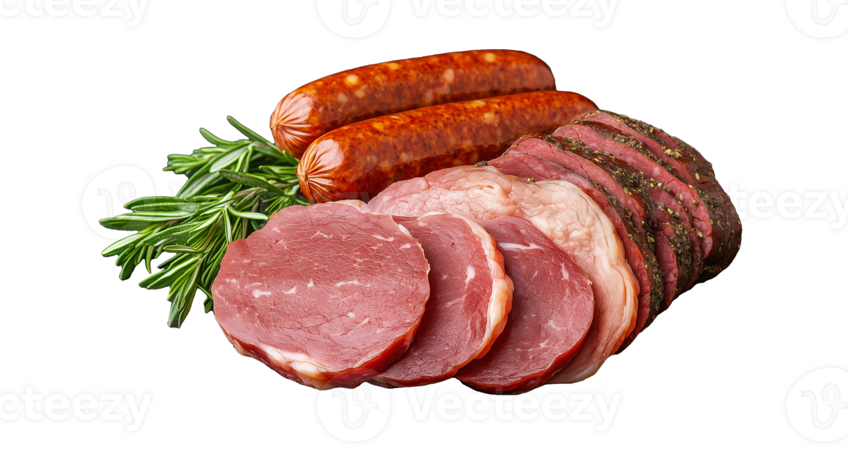 Meat assortment with smoked sausage and herbs isolated on transparent background png