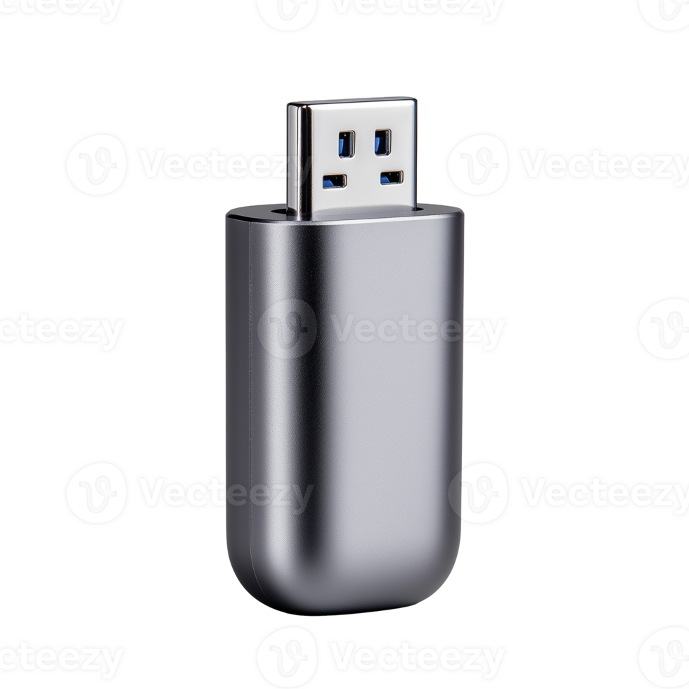 Compact silver USB flash drive isolated on transparent background png