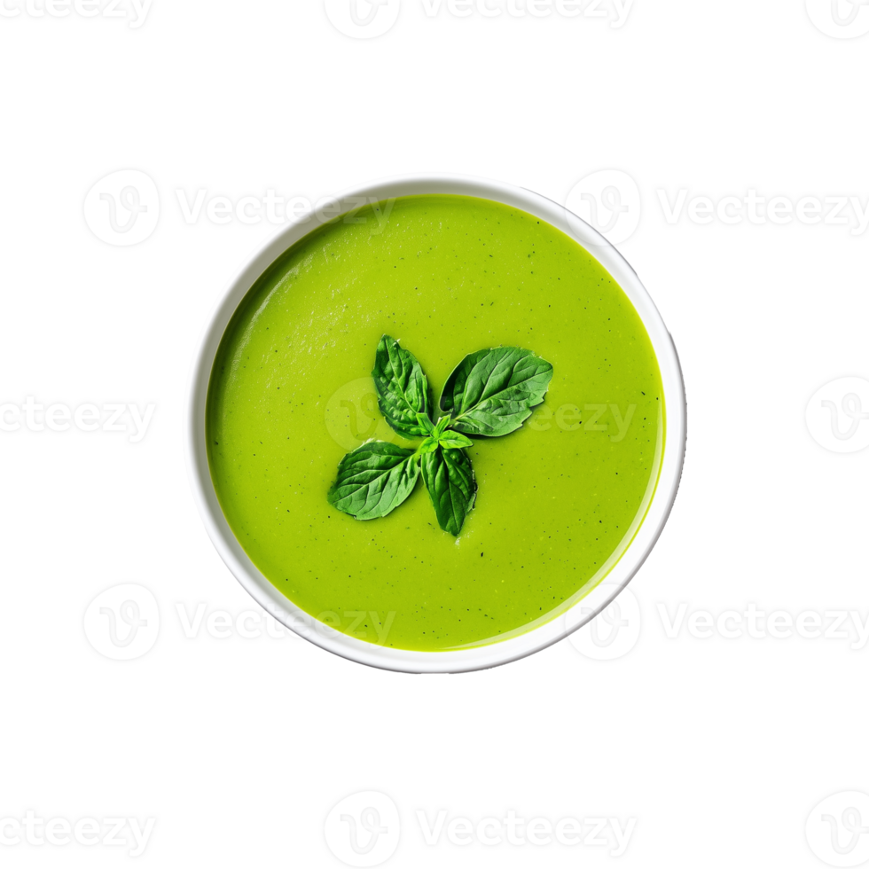 Green soup with basil leaves in bowl isolated on transparent background png