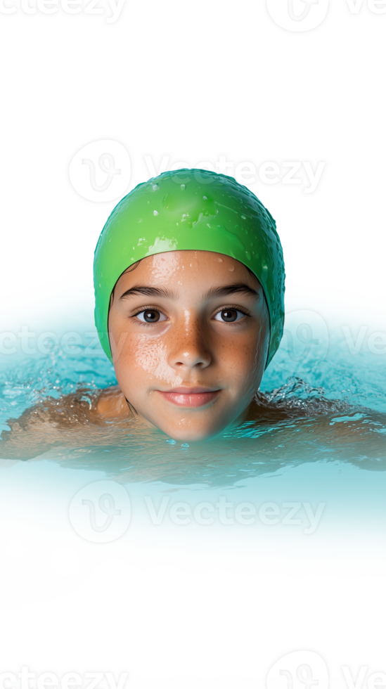 Young swimmer wearing green cap in pool isolated on transparent background png