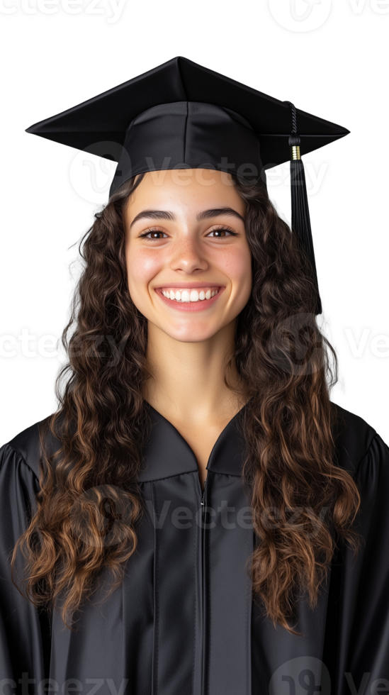 Female graduate in cap and gown isolated on transparent background png