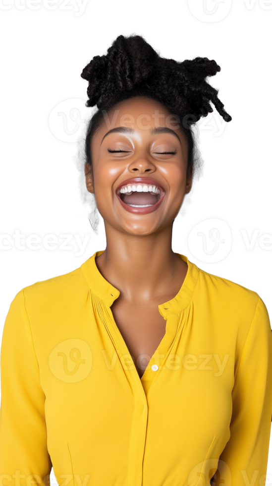Woman in yellow top laughing with arms crossed isolated on transparent background png