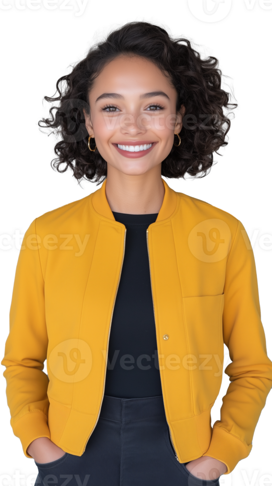 Woman with curly hair in yellow jacket isolated on transparent background png