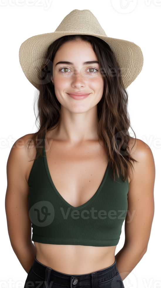 Woman in hat with green crop top isolated on transparent background png