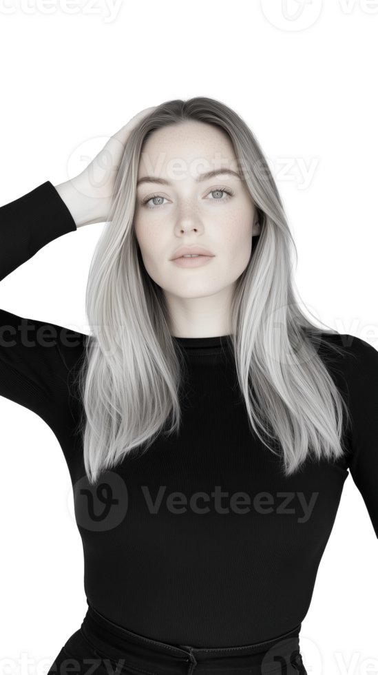Woman in black top with hands on head isolated on transparent background png