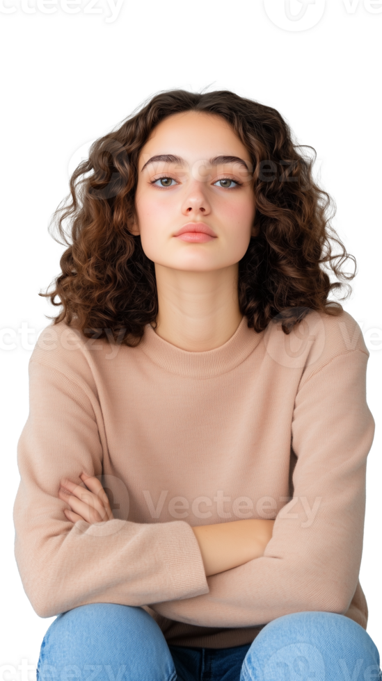Woman with curly hair in beige sweater isolated on transparent background png
