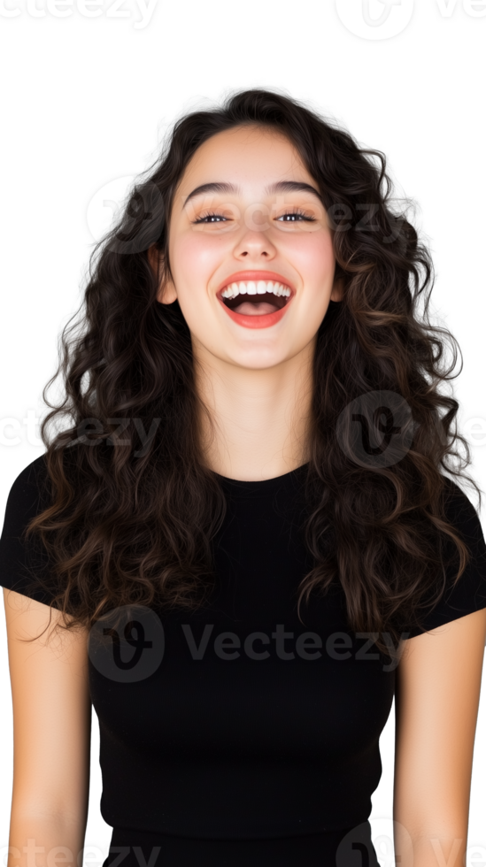 Laughing woman in black shirt isolated on transparent background png