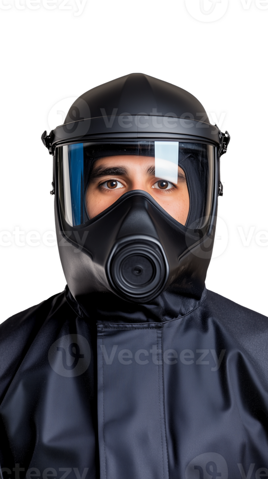 Portrait of person in gas mask isolated on transparent background png