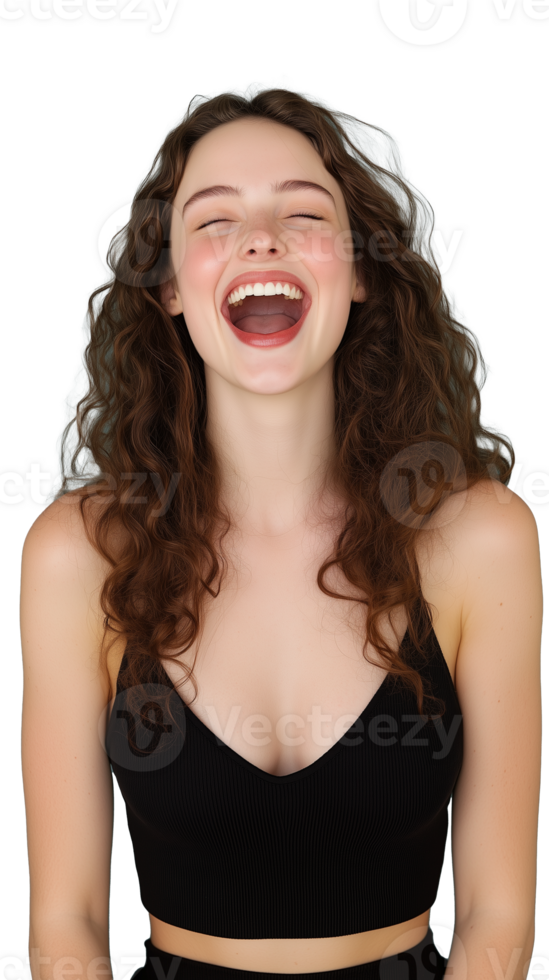 Joyful woman with curly hair in black top isolated on transparent background png