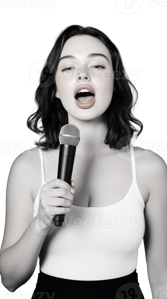 Woman singing passionately into microphone isolated on transparent background png