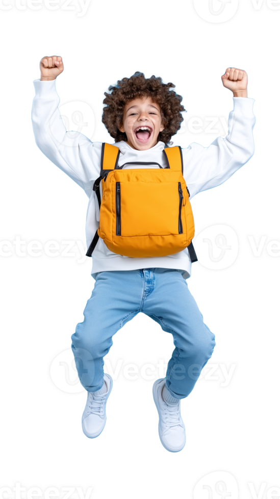 Excited child with curly hair jumping in the air wearing a backpack, expressing joy on transparent background png
