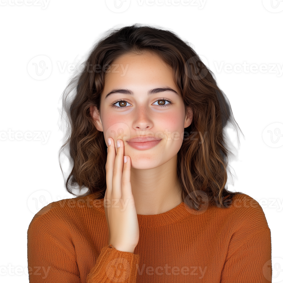 Woman touching her face with both hands isolated on transparent background png