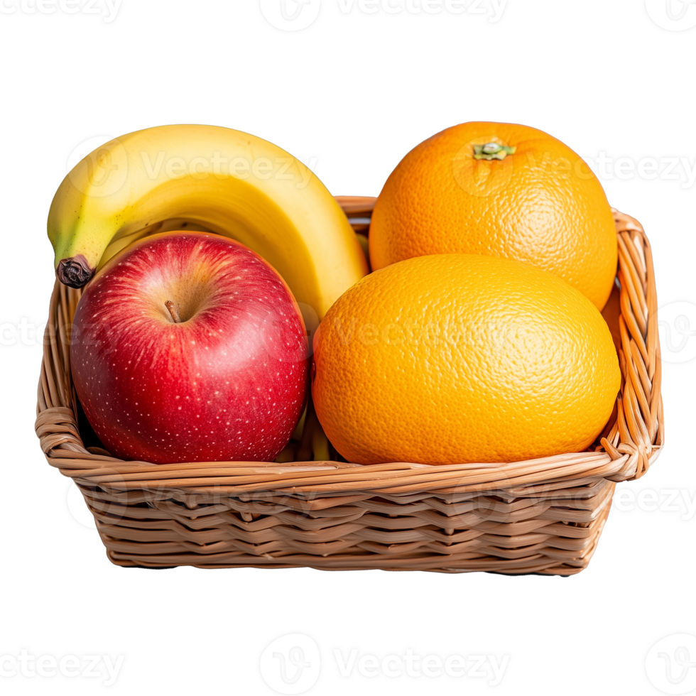Wicker basket filled with fresh fruit including apples, bananas, oranges showcasing colorful produce on transparent background png