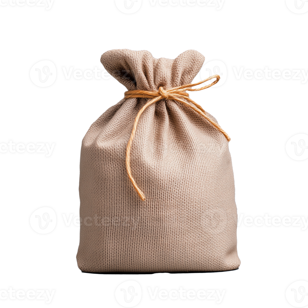Burlap sack tied with a rope, isolated on transparent background, ideal for packaging and storage themes png