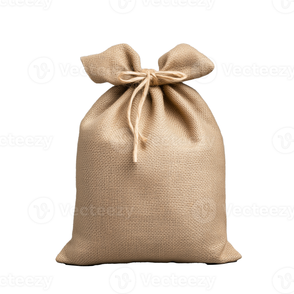 Brown burlap sack tied securely with a bow, suitable for storage or packaging themes, on transparent background png
