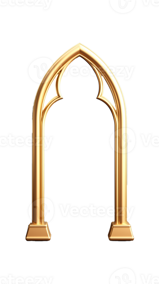 Golden gothic-style arched window frame, symbolizing medieval and architectural themes on transparent background png
