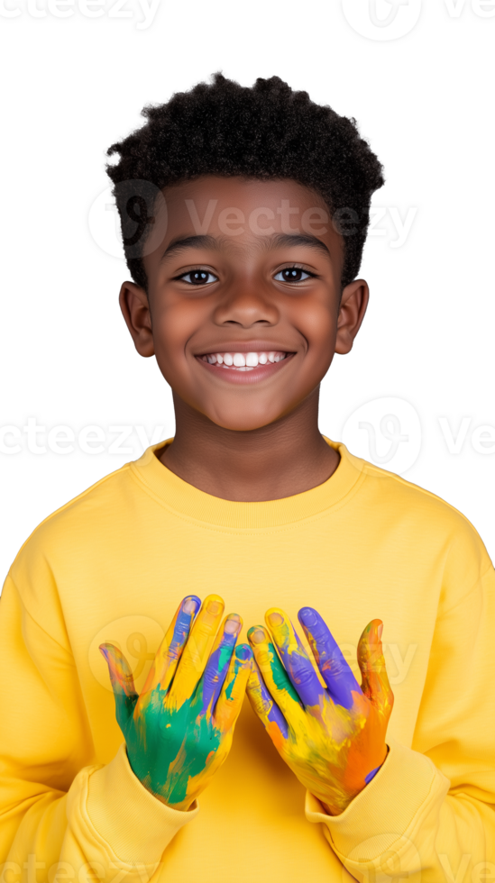 Smiling child with colorful painted hands in yellow shirt, celebrating creativity on transparent background png