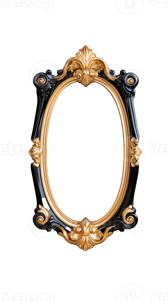 Elegant oval mirror frame in black and gold with intricate design, isolated on transparent background png