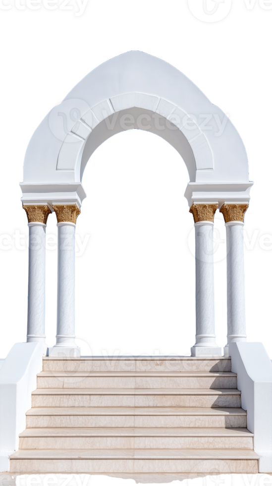 Classic white stone arch with decorative columns and steps, symbolizing elegance and tradition on transparent background png