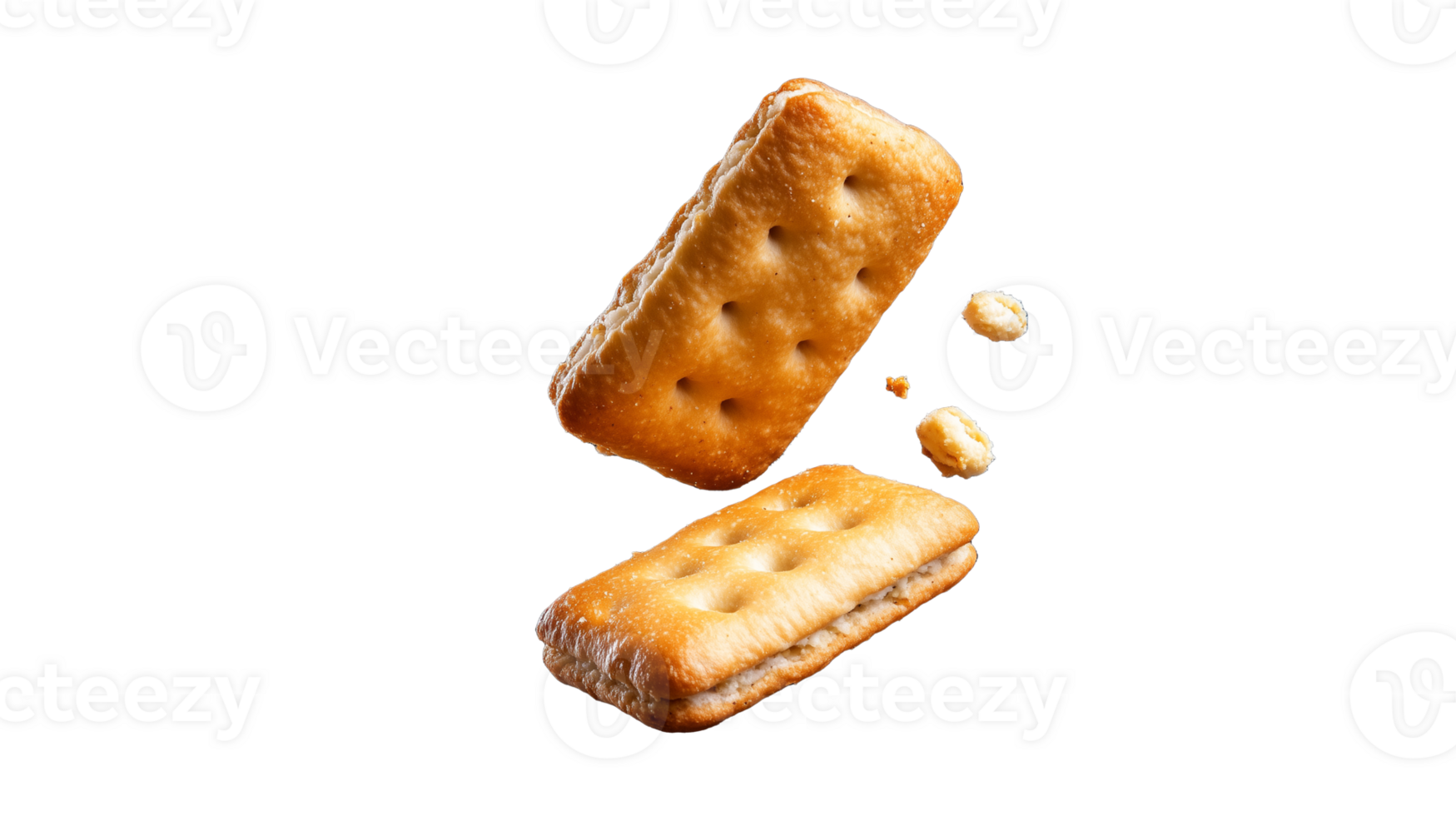Pair of golden square crackers with crumbs, emphasizing texture and snack quality on transparent background png
