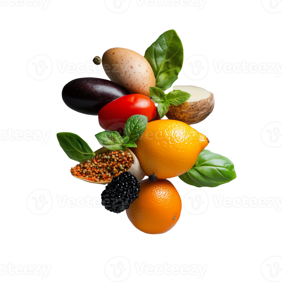 Assortment of colorful vegetables and spices including eggplant, tomato, and lemon, showcasing freshness png