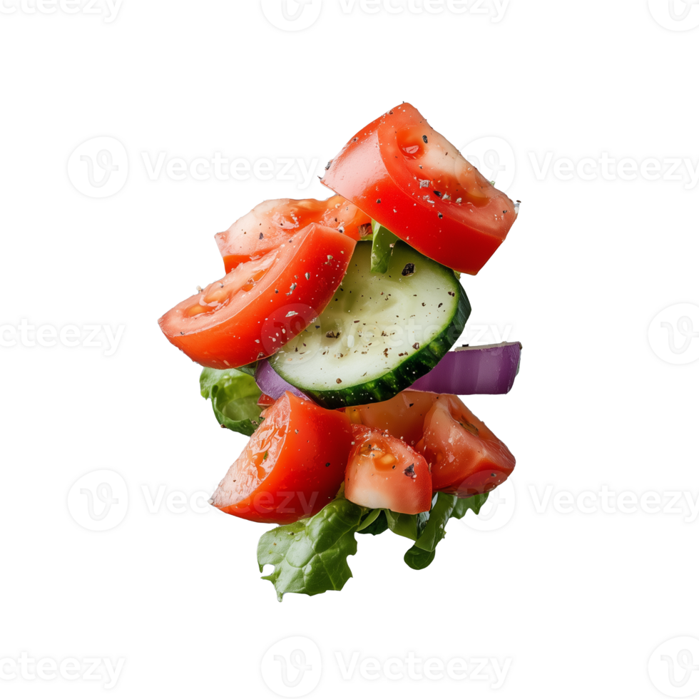 Fresh vegetable salad skewer with tomato, cucumber, and lettuce, perfect for a healthy snack on transparent background png