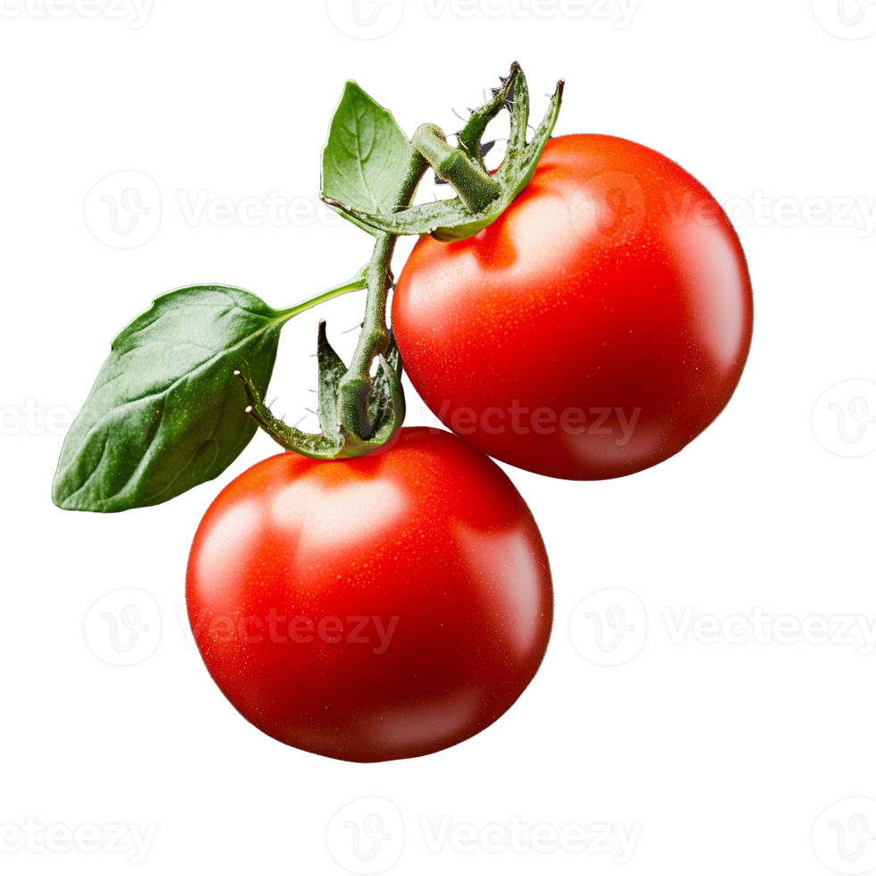 Single ripe tomato on a vine with green leaves, representing fresh produce and natural food on transparent background png