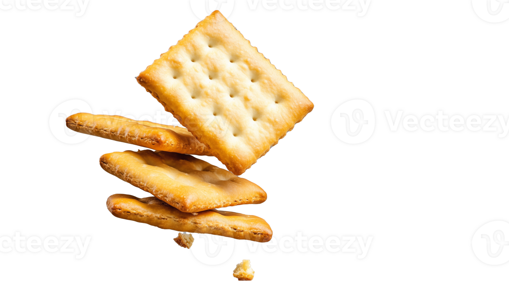 Stack of square crackers with one partially broken, representing a simple and crunchy snack on transparent background png