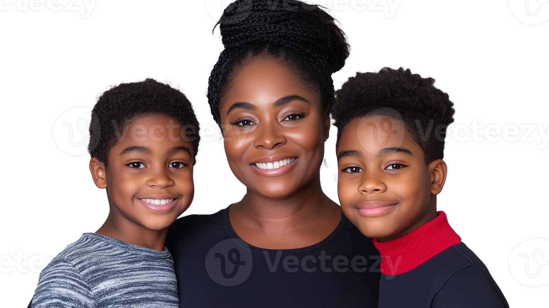 Happy African American mother with her two sons, representing family love and joy, on transparent background png