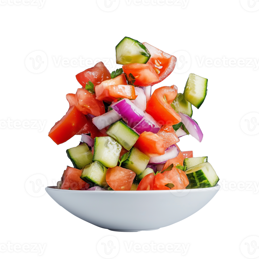 Bowl of diced fresh salad with tomato, cucumber, and red onion, emphasizing health and freshness on transparent background png