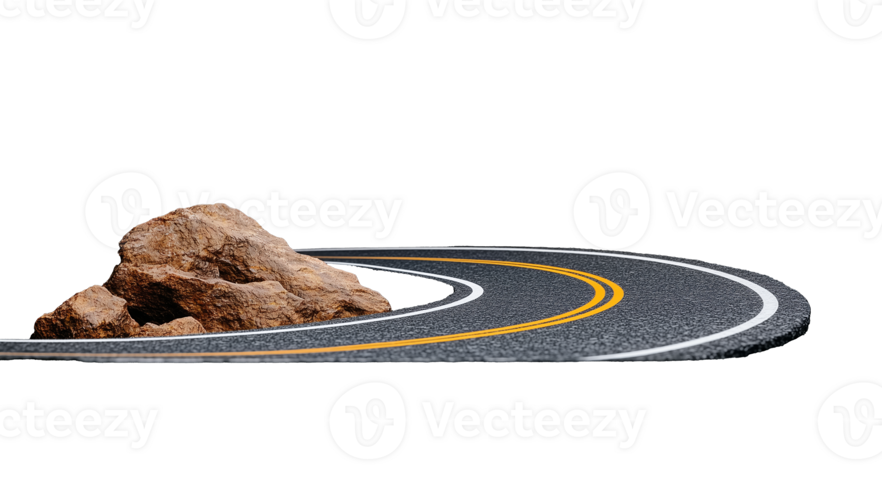 Curved mountain road with sharp turn and rocks, symbolizing adventure and journey on transparent background png