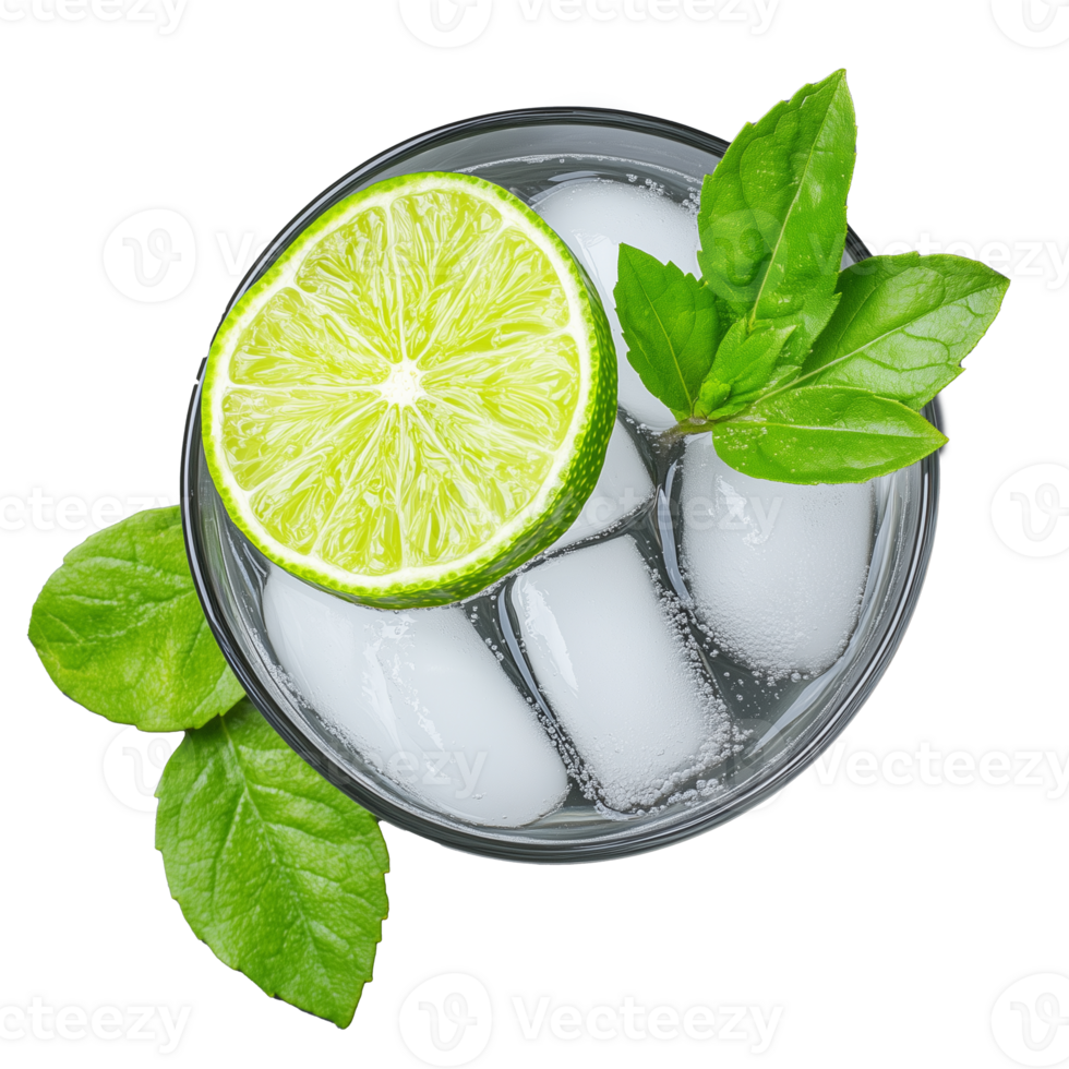 Top view of a glass of lime water with ice cubes and mint leaves, showcasing a refreshing summer drink on transparent background png